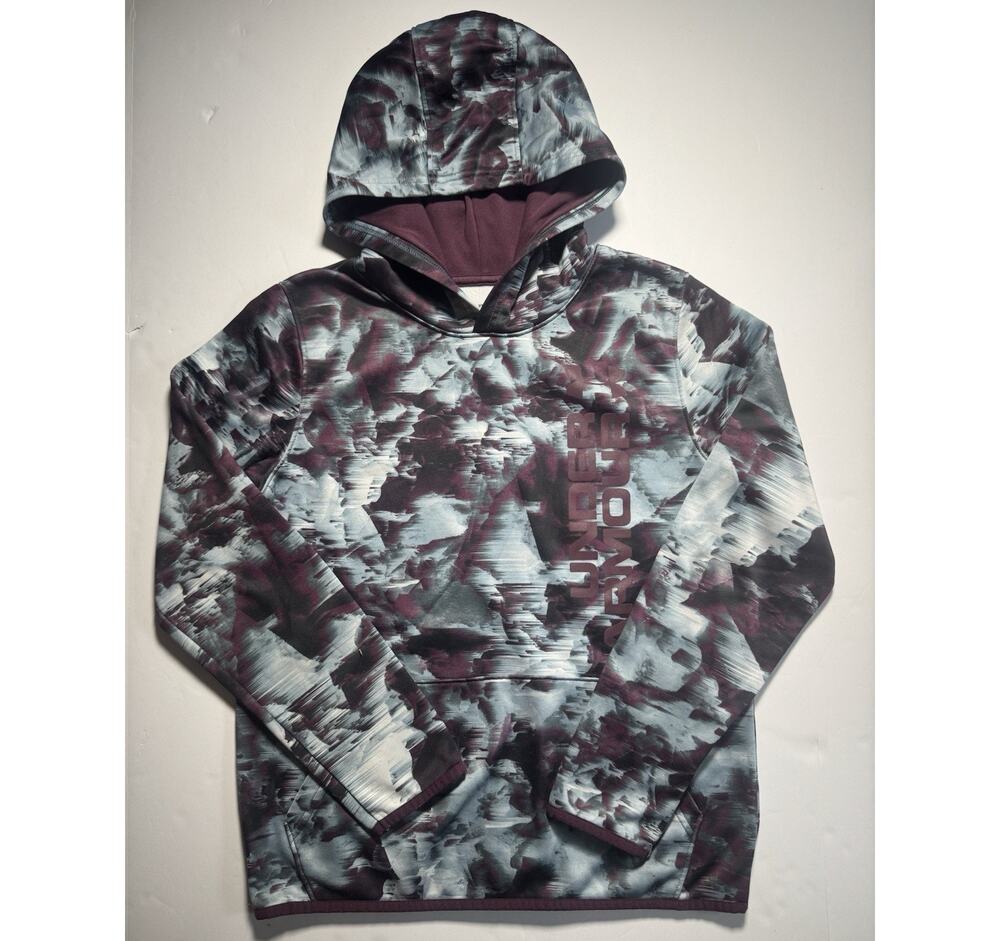 Under Armour ColdGear Hoodie Youth XL Gray Purple Camo Pullover Boys Loose Fit